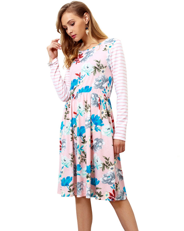 New Printed Long Sleeve Stitching Casual Dress