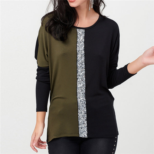 Splicing Sequined Casual Long-Sleeved T-Shirt