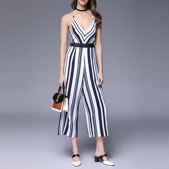 V Neck Stripe Sleeveless Jumpsuit