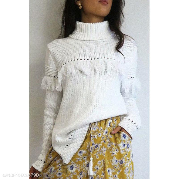 High Collar Fringed Sweater