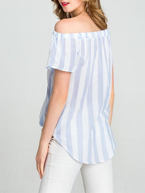 Stripe Print Sexy Off-Shoulder Collar Short Sleeve Chest Cross T-Shirt