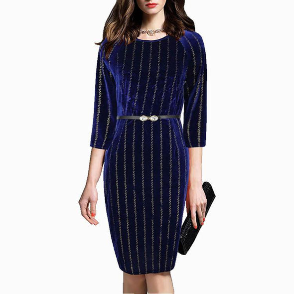 Round Collar Gold Velvet Stripes 3/4 Sleeve Bodycon Dress