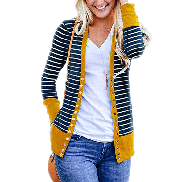 Striped Stitching Long Sleeve Single-Breasted Cardigan