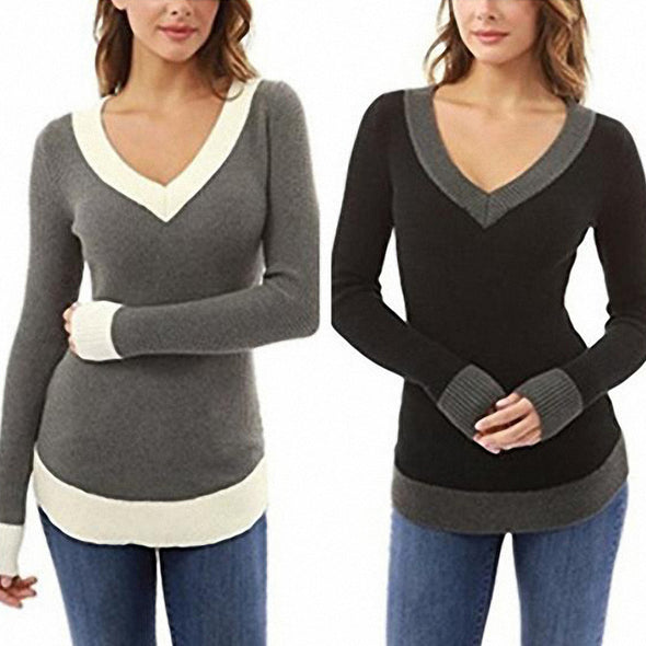 Slim V-Neck Long Sleeve Colorblock T-Shirt