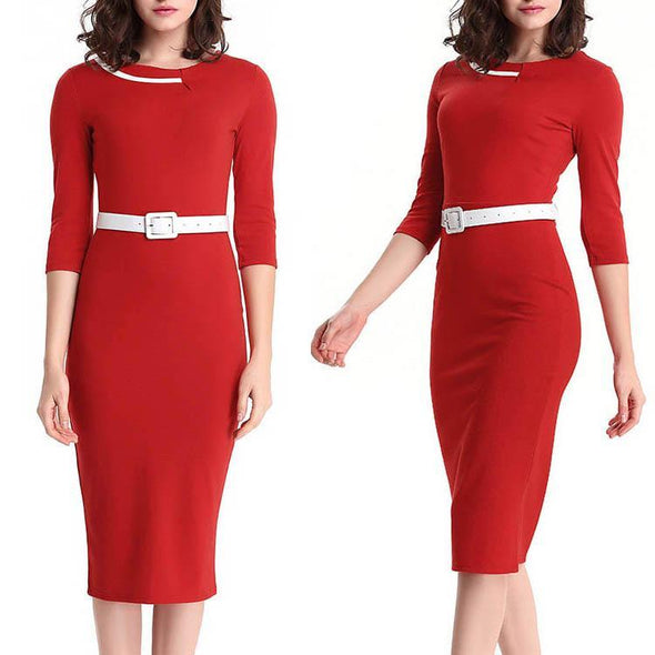 Round Collar Long Sleeve Package Hip Bodycon Dress With Belt