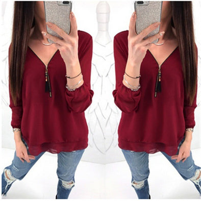 Women's V-neck zipper solid color long-sleeved chiffon shirt