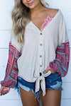 V-Neck Stitching Knit Printed Long-Sleeved Sweater