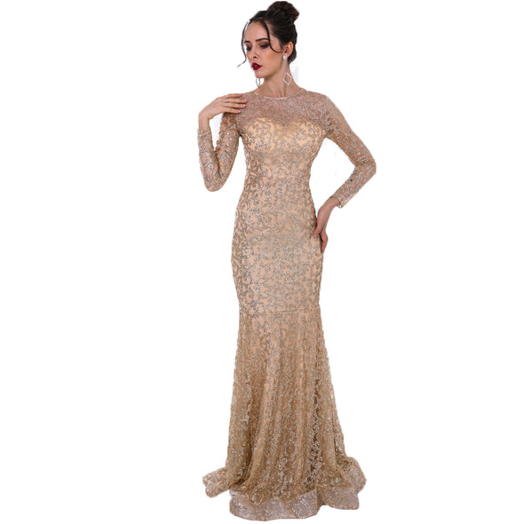 Sexy O-neck Long Sleeve Perspective Sequin Evening Dress