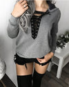 Solid Color V-Neck Hooded Lace-Up Sweatshirt