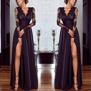 Sexy Black Deep V-Neck Lace Evening Dress