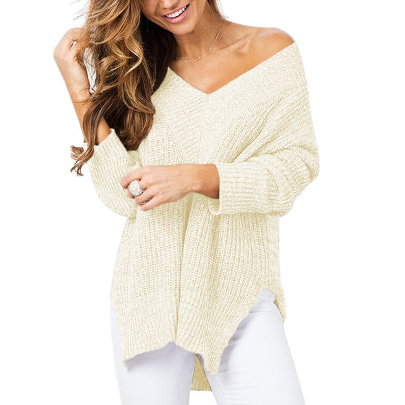 Split V- neck Long Sleeve Knitting Sweaters