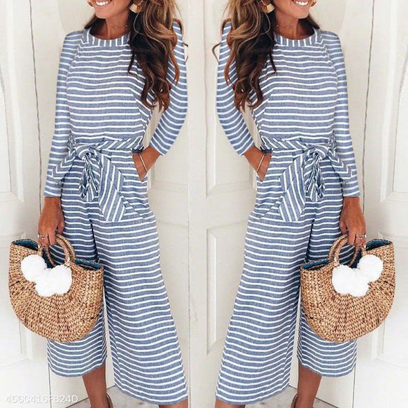 Round Neck Long Sleeve Stripes Lace Up Jumpsuits