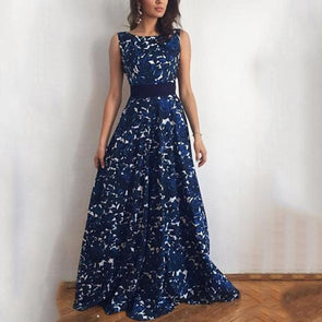 Fashion Print Halter Sleeveless With Belt Evening Dress