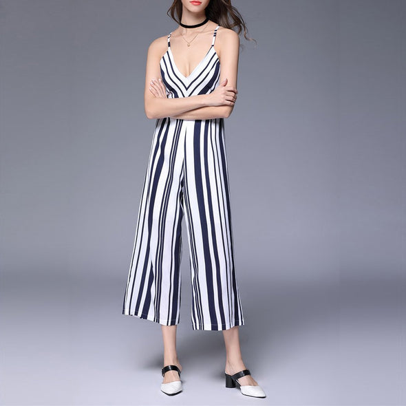 V Neck Stripe Sleeveless Jumpsuit