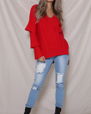 Solid Color V-Neck Cascading Sweater