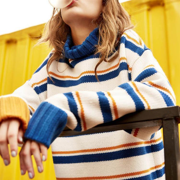 High Collar Loose Striped Sweater