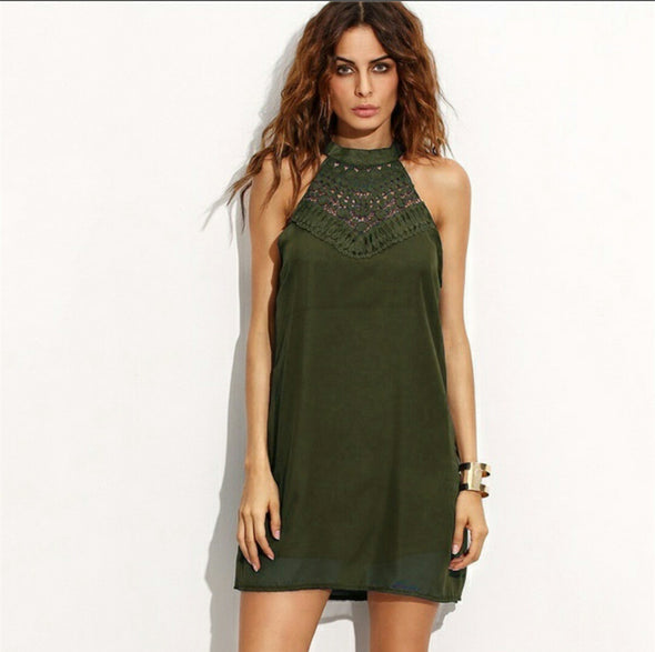 Fashion Solid Hollow Hanging Neck Shift Dress