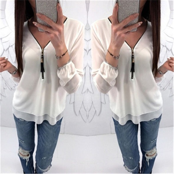 Women's V-neck zipper solid color long-sleeved chiffon shirt