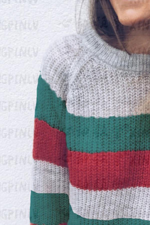 Crew  Neck  Striped  Casual Sweaters