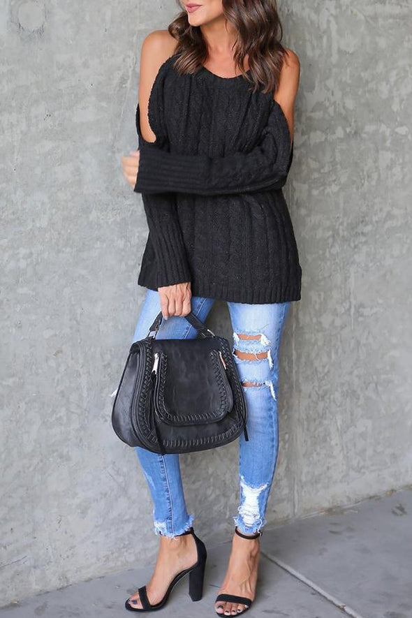 Open Shoulder  Cutout  Plain Sweaters