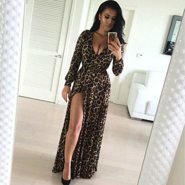 New sexy leopard V-neck long-sleeved split maxi dress