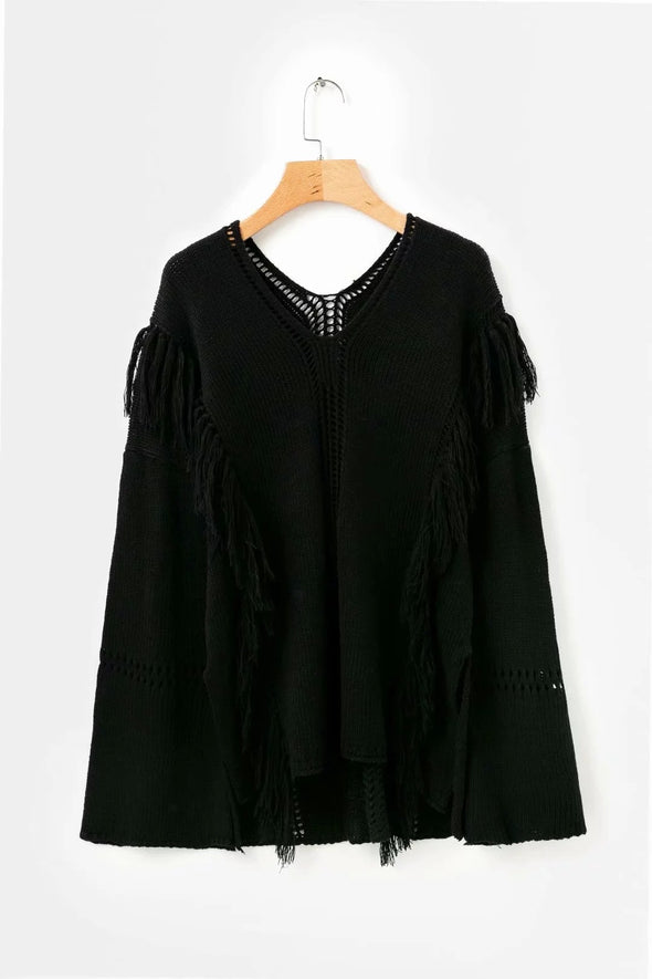 New Fringed Hollow V-Neck Trumpet Sleeve Sweater