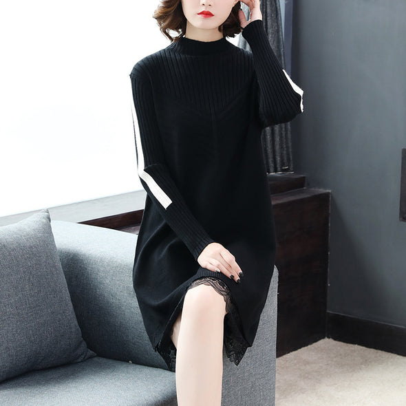 Women's loose solid long-sleeved stitching lace knit dress