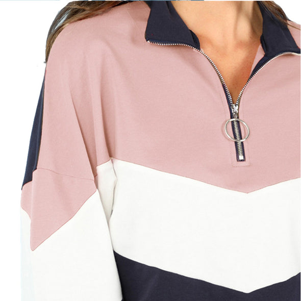 Colorblock Stand Collar Zipper Long Sleeve Sweatshirt