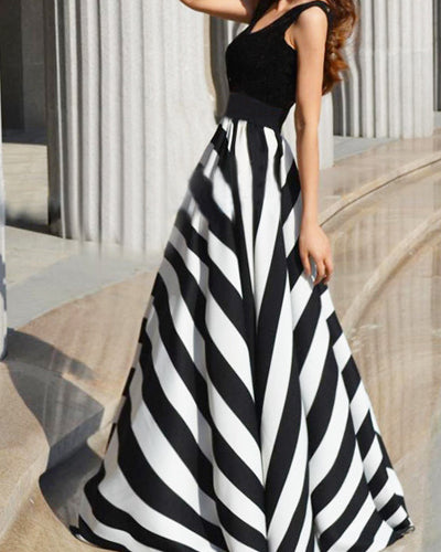 Striped Split Joint Sleeveless Evening Dress