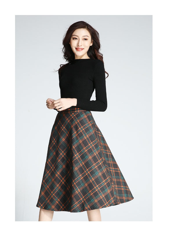 Woolen Plaid High Waist A-Line Skirt