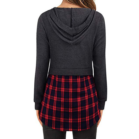 Long Sleeve Hooded Plaid Stitching Casual Irregular Sweatshirt