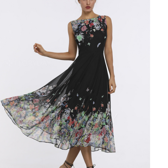 Print Round Neck Sleeveless Evening Dress