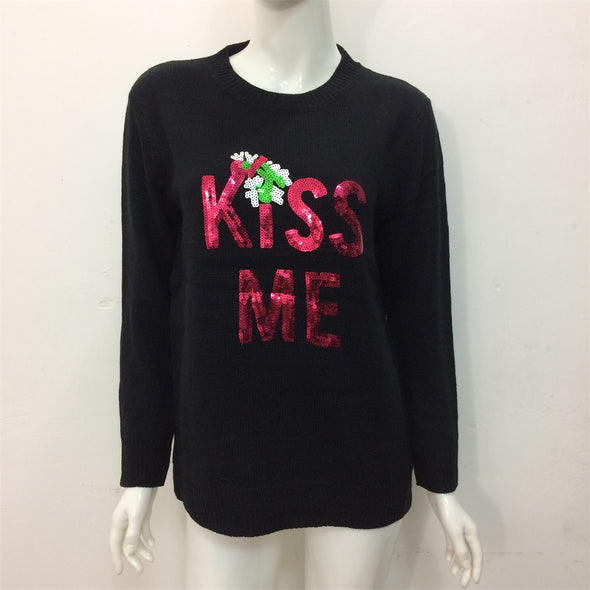 Women's Sequined Letter O-Neck Long-Sleeved Sweater