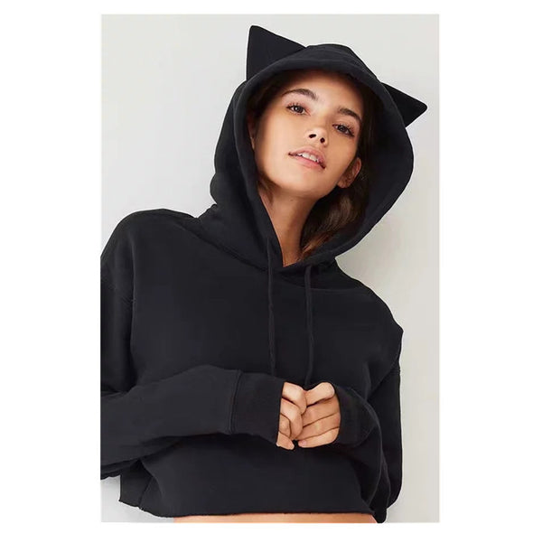 Cute Cat Head Hooded Loose Short High Waist Hoodies