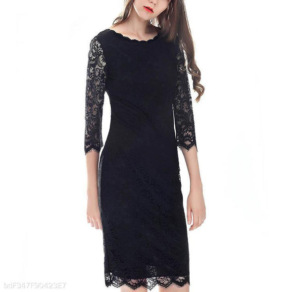 Round Collar Lace Long Sleeve Package Hip Bodycon Dress