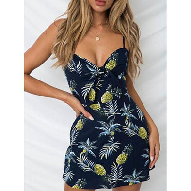 Spaghetti Strap  Bowknot  Printed  Sleeveless Bodycon Dresses