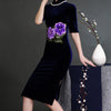 Women's Long Sleeve Embroidered Gold Velvet Evening Dress