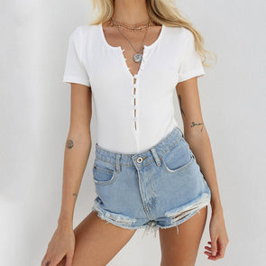 New Button Short Sleeve Pitted Bodysuit