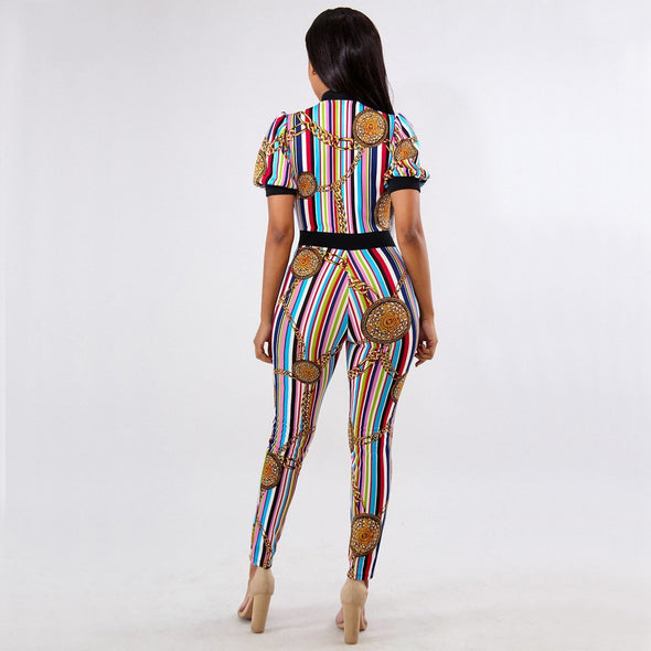 Sexy Golden Chain Print Color Striped Jumpsuit