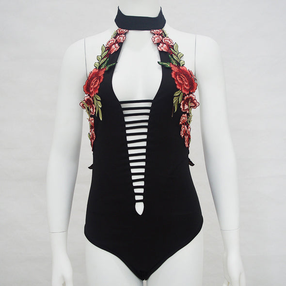 New Sexy Backless Embroidered Bodysuit