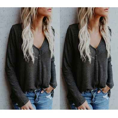 V-Neck Long-Sleeved Button-Knit Sweater