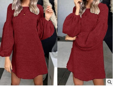 New Solid Color O-Neck Puff Sleeve Sweater