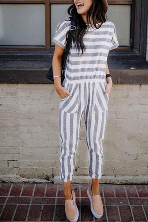 Stripe Pocket Casual Short Sleeve Jumpsuit