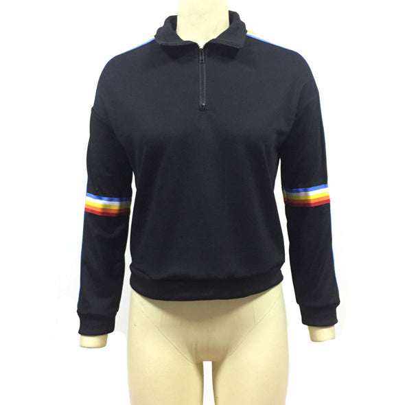 Zipper Long Sleeve Rainbow Strip Loose High Collar Sweater