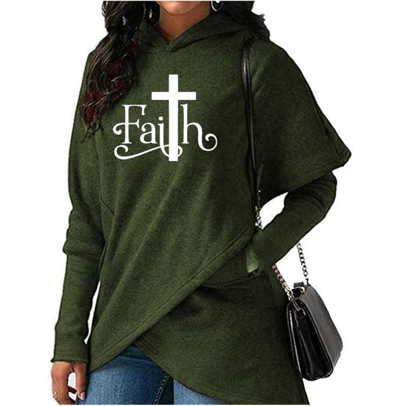 Long Sleeve Fleece Print Irregular Hooded Sweater