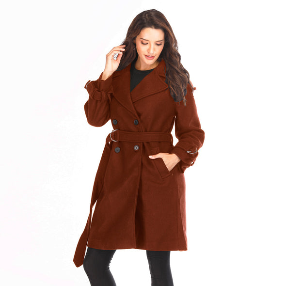 Classic Slim Long Sleeve Double-breasted Lapel Woolen Coat