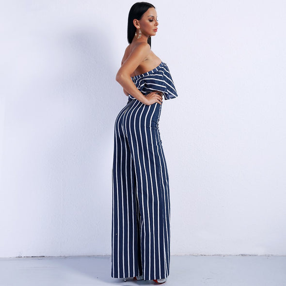 Women's two-piece striped tube top + straight pants suit