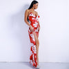 Sexy Spring And Summer Deep V Ruff  Halter Off Shoulder Flower Print Two Split Jumpsuits Backless Playsuits