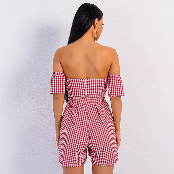 Bow plaid wrapped chest open back high waist jumpsuit