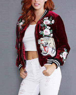 Embroidered Long Sleeve Velvet Short Coat